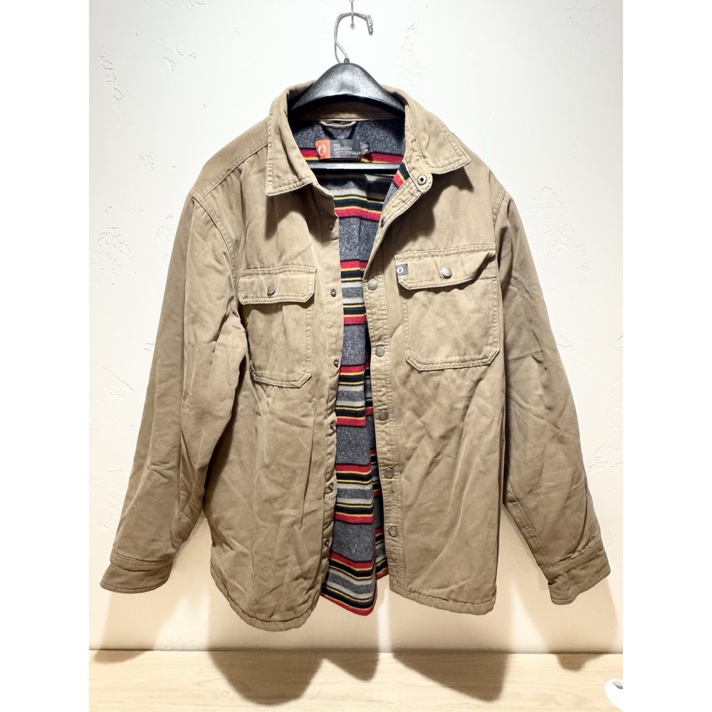 The American Outdoorsman Fleece Lined Tan Canvas Shirt Jacket Size M Rugged Outd